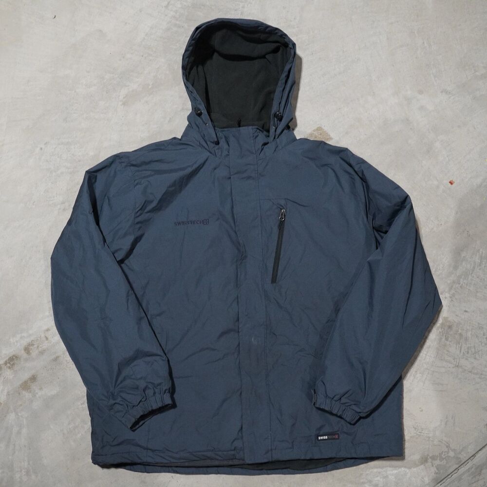 SwissTech Hooded Jacket Mens XL Navy Ripstop Full Zip Fleece Collar Windbreaker